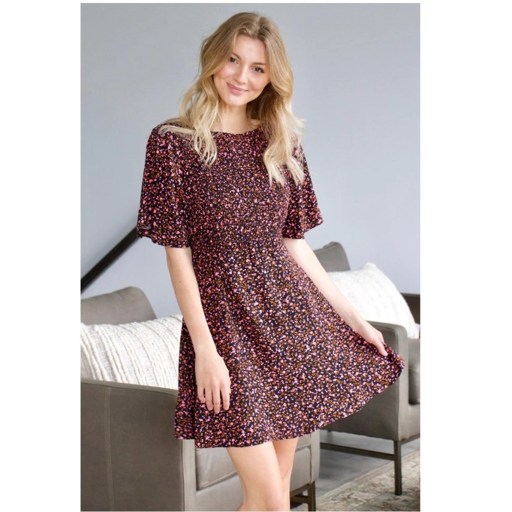 NEW Free People Florence Mini Dress Floral Lace Up Smocked Evening Combo Black - Picture 9 of 12